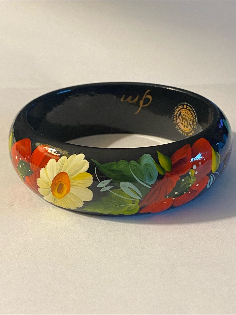 Traditional Ukrainian Hand-Painted Lacquered Wooden Bangle Bracelet Floral
